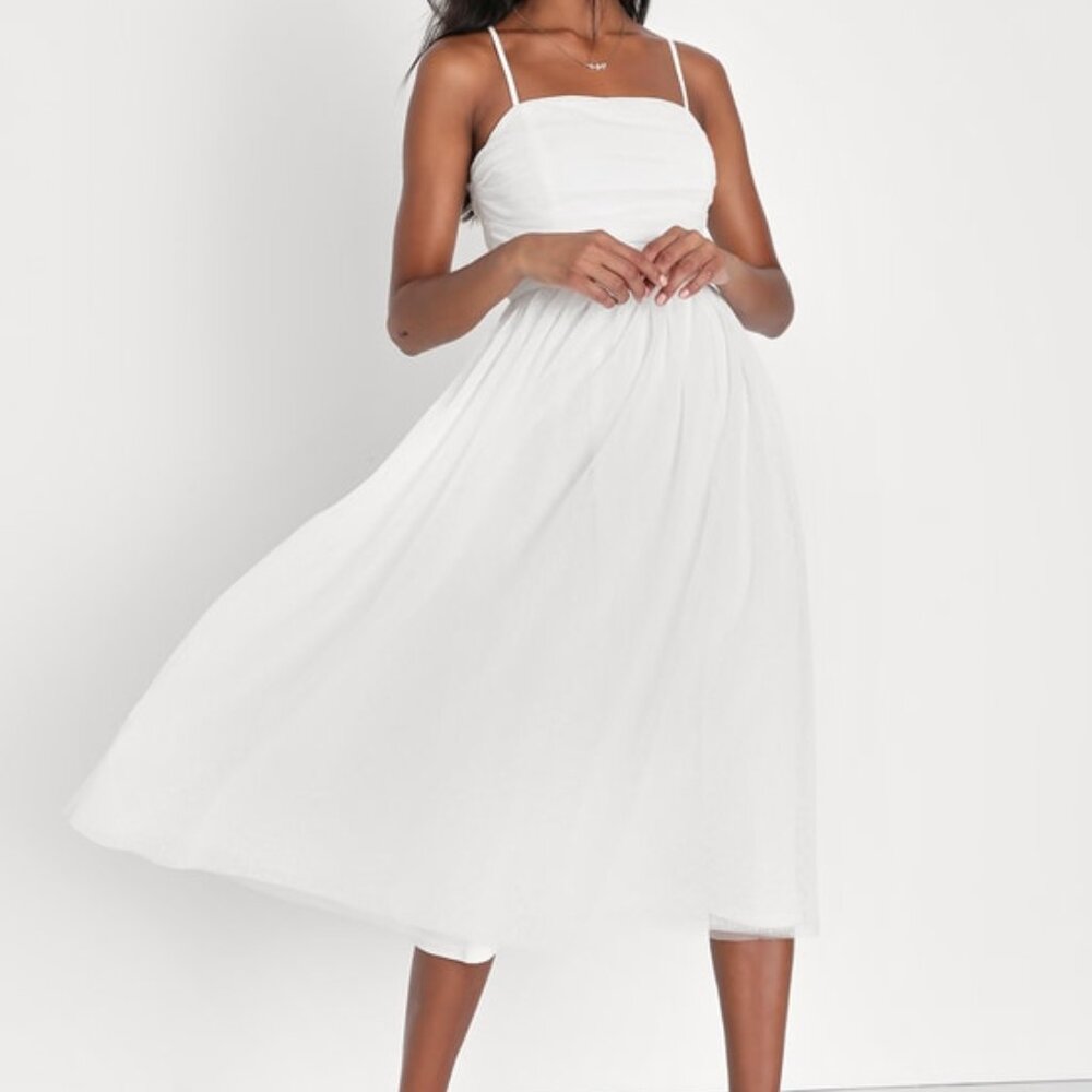 Lulus Darling Sweetheart White Swiss Dot Ruched Midi Dress - Size M